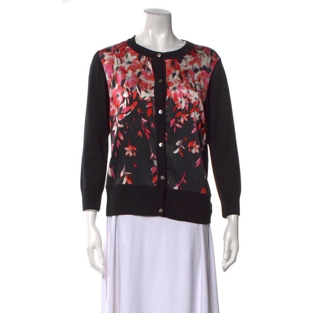 St. John Floral Print Silk Blend Cardigan M Black Red Sweater Knit Wool Cashmere
